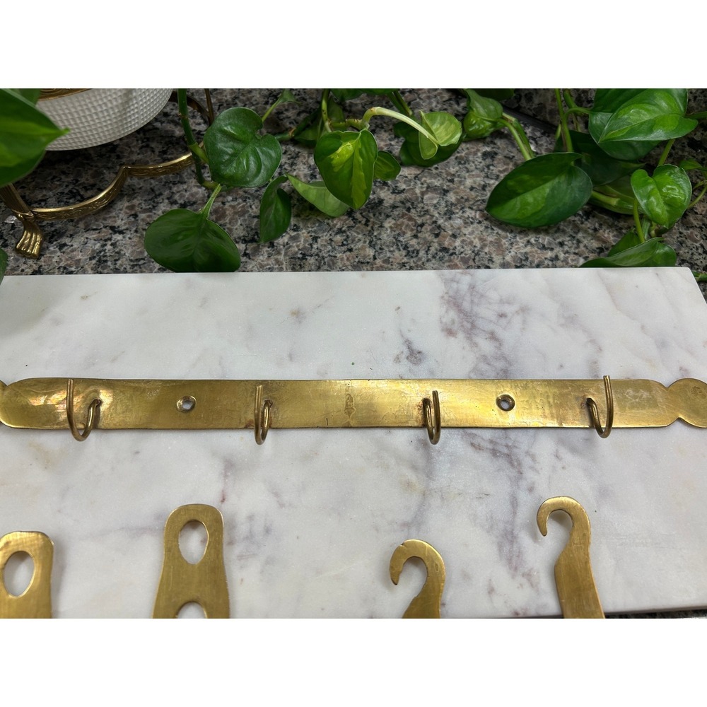 Vintage Solid Brass Kitchen Utensil Set with Wall Hanging Rack 5 Piece Gold Tone